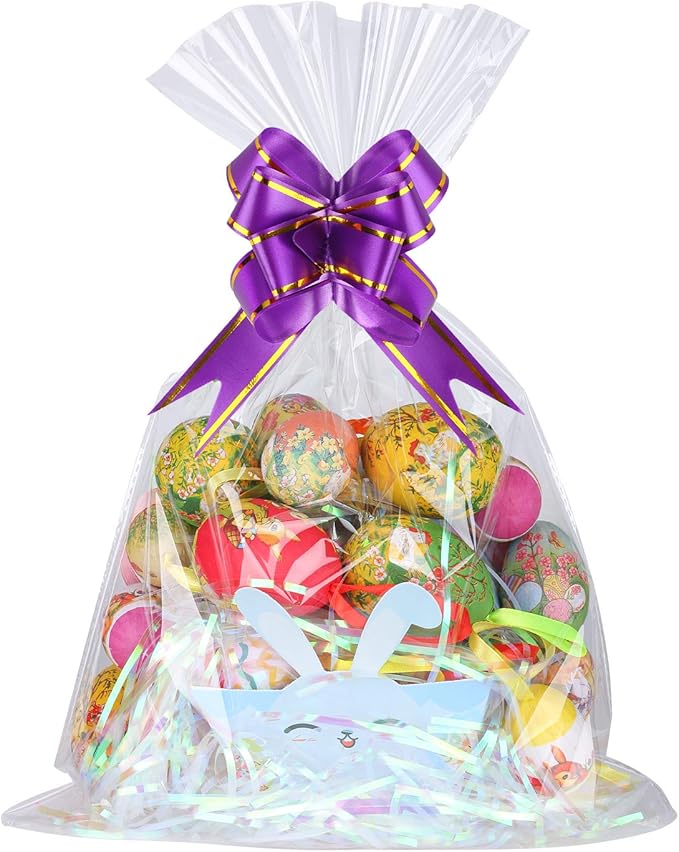 Kolewo4ever 40pcs Christmas Cellophane Bags Pull Bow Set 20pcs 12x18 inches Cellophane Basket Bags Wine Bottles Cellophane Wrap with 20pcs pull bows