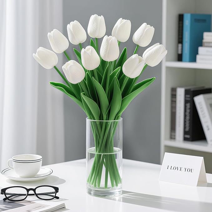 20 Pcs Fake Tulips Artificial Flowers 13" White Faux Flowers Real Touch PU Tulips Bouquet for Floral Arrangement Home Kitchen Table Wedding Decorations