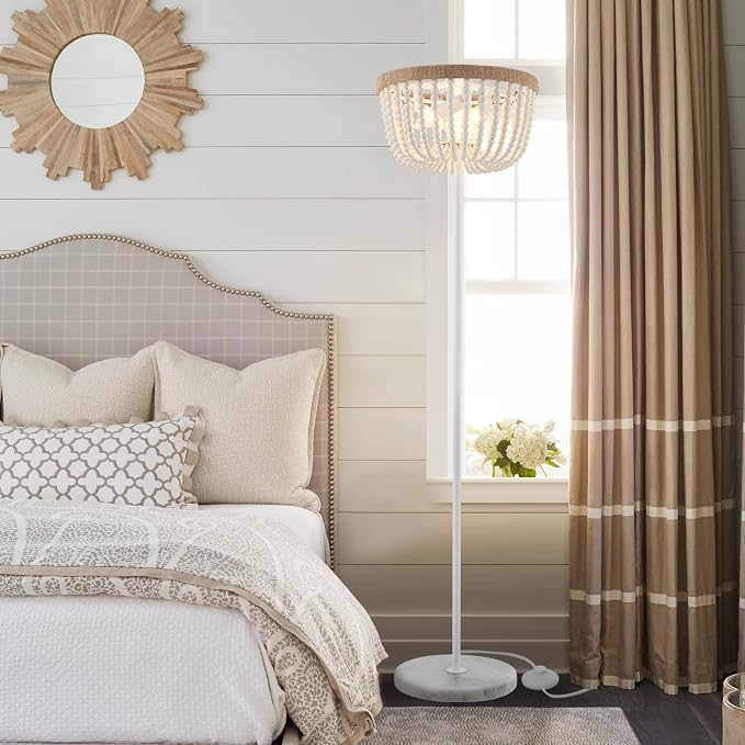 VILUXY Boho Floor Lamp with White Wood Beaded Shade for Bedroom, Living Room, Girl Room 3-Light