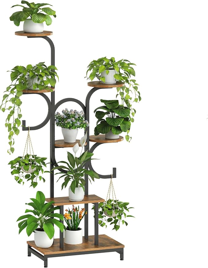 HOOBRO 7 Tiered Plant Stand Indoor with Grow Lights, 63" Corner Plant Stand for Indoor Plants, Metal Corner Shelf with 2 Hanging Basket Spots, for Home, Living Room, Rustic Brown and Black BF12DHJ01