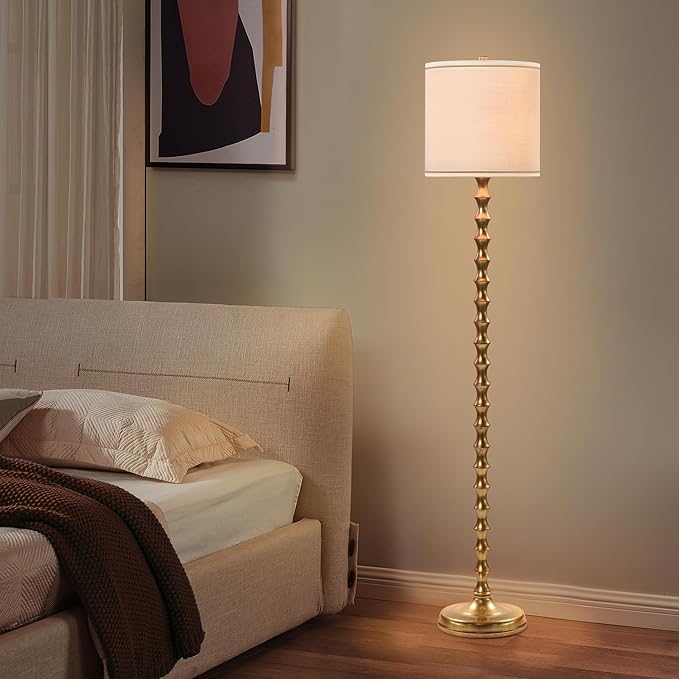 EUO 64.5" Gold Floor Lamp for Living Room, Gold Bamboo Floor Lamps for Bedroom, Tall Skinny Lamp for Home Decor, Mid Century Antique Floor Lamps with White Lampshade