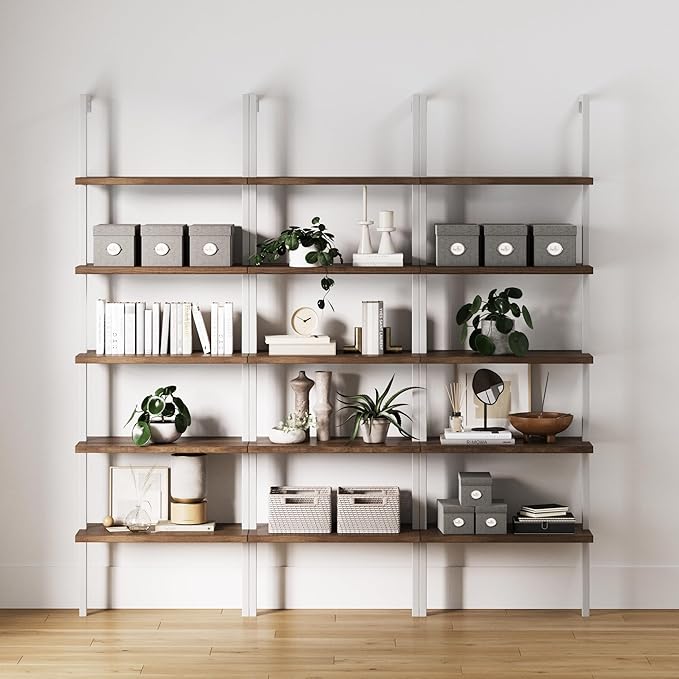Nathan James Theo 5-Shelf Wood Modern Bookcase, Open Wall Mount Ladder Bookshelf with Industrial Metal Frame, Natural Light Brown/White, Set of 3