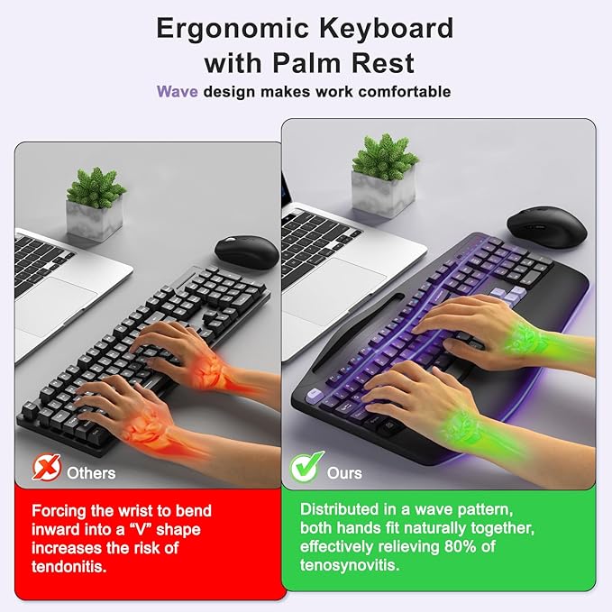 Wireless Keyboard and Mouse Combo, 2.4G Full Size Wave Keys Ergonomic Keyboard with Wrist Rest, Phone Holder, 3-Level DPI Wireless Silent Mouse with 6-Buttons, for Windows, Mac OS (Purple Black)