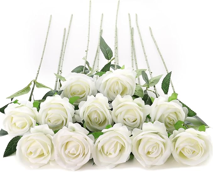 12Pcs White Roses Artificial Flowers Fake Roses Faux Velvet Silk Flower for Home Wedding Decoration (Pearl Rose, White)