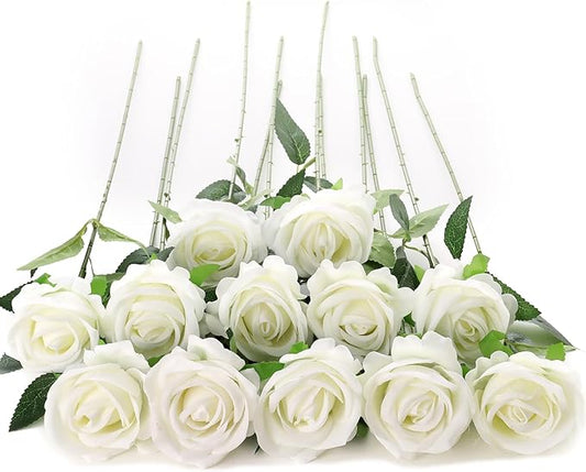 12Pcs White Roses Artificial Flowers Fake Roses Faux Velvet Silk Flower for Home Wedding Decoration (Pearl Rose, White)