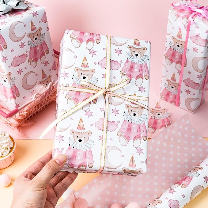 HOMERAL Pink Baby Girl Wrapping Paper Roll - Teddy Bear in Romper & Party Hat with Moon, Star & Cloud Design, Pink Reversible Gift Wrap for Baby Shower, Girls Birthday, Gender Reveal Party - 17 Inch x 33 Feet