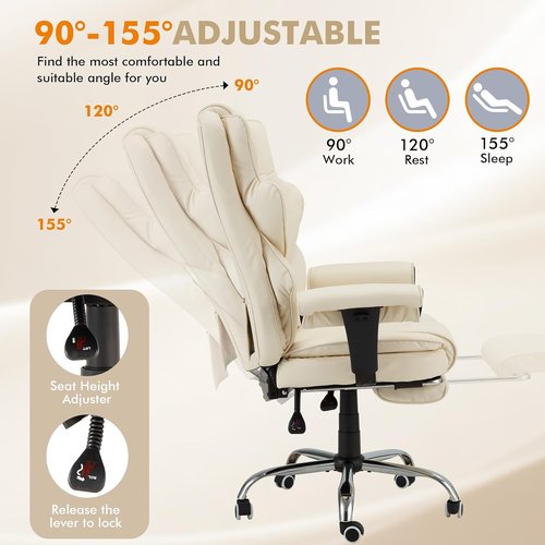 HOMREST Executive Massage Chair - Ergonomic Heat & Reclining Office Chair with Footrest | Off White