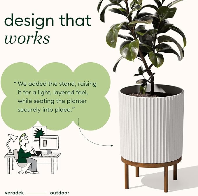Veradek Demi Series Round Planter w/Stand for Porch/Patio | Durable Plastic-Stone Composite & Wooden Stand | Modern Décor for Tall Plants, Flowers