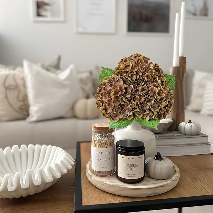 Yellowish Brown Fall Hydrangea Artificial Flowers, 3PCS 21” Latex Large Real Touch Flowers, Faux Silk Flowers Fake Hydrangeas with Stems for Bouquet Table Centerpieces Halloween