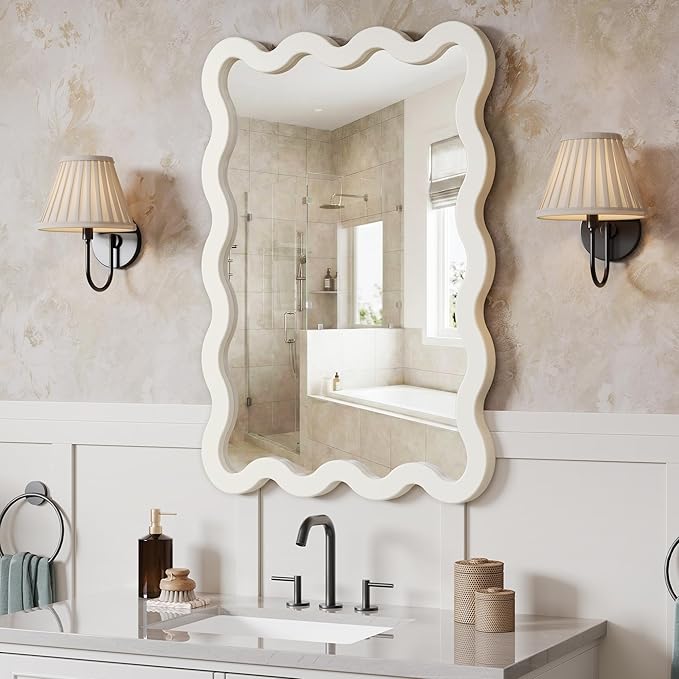 22"x30" White Wavy Wall Mirror for Vanity, Cream Solid Wood Irregular Mirror for Bedroom, Cute Squiggle Mirror for Aesthetic Decor, Small Asymmetrical Curvy Frame
