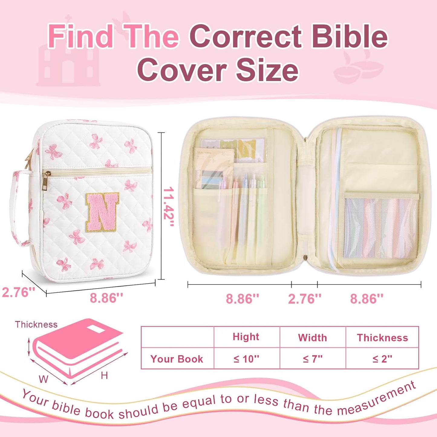 Skiennix Personalized Initial Bible Cover - Stylish Quilted Case with Handle for Women & Girls | Pink Bow-N