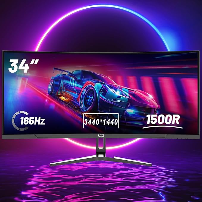 LXZ 34 Inch Gaming Monitor 1500R, 3440 * 1440p 165hz Frameless Display 100% sRGB, Wide Viewing Angle, Display Port HDMI - Black