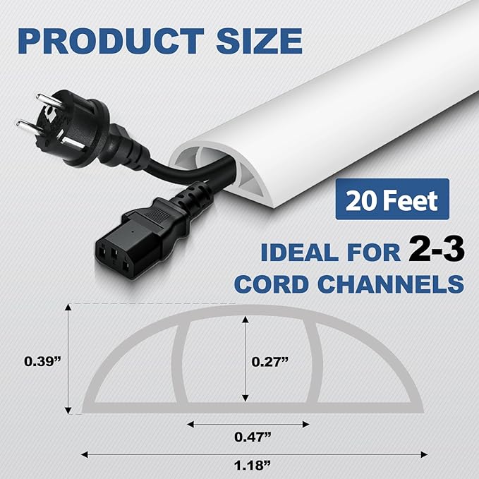 Floor Cord Cover for Wires on Floor Self Adhesive Cord Hider Floor Cable Management Wire Covers for Cords Protector Prevent Cable Trips Cord Cavity W 0.47" x H 0.27", White, 20Ft