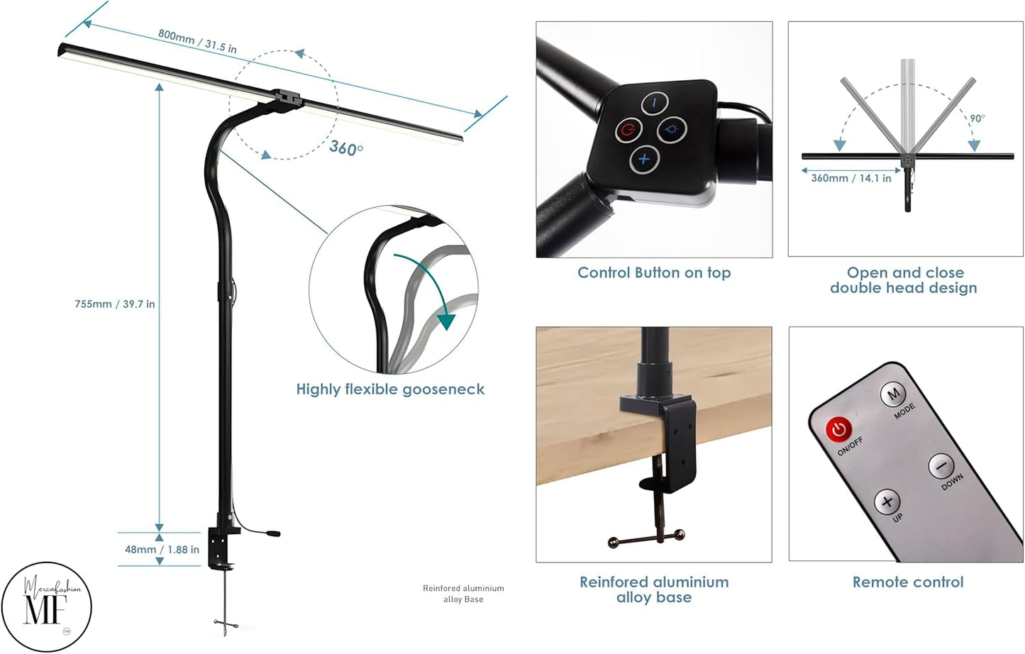 Skiennix LED Desk Lamp - Dimmable Clip-On Light with Gooseneck Design for Home Office & Reading - Black