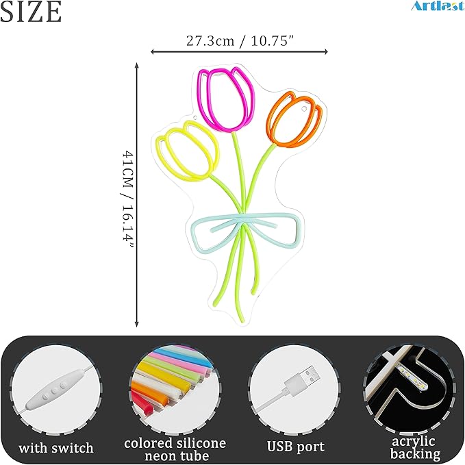 Tulip Flower Neon Sign for Wall Decor LED Tulip Lamp With Dimmable Switch Tulip Neon Night Light for Bedroom Wall Decor Flower Shop Decor Tulip Sign for Living Room Party Decoration