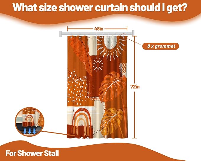 Small Stall Narrow Shower Curtain Burnt Orange Stand Up Mid Century Modern Leaf Shower Curtains for Rv Camper Bathroom Decor Sets, Waterproof Cloth Fabric with Hooks, 48 x 72 Inch