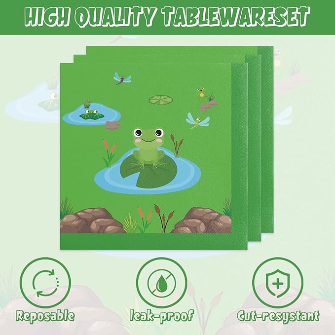 Frog Birthday Decorations 40Pcs Green Birthday Paper Plates and Napkins Supplies Frog Party Decorations for Baby Shower Party Favors