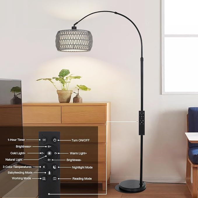 Arc Standing Lamp, Boho Floor Lamps for living room with Remote and LED Dimming Bulb, Rattan Tall Lamp for Bedroom with 3 Color Temperatures, Height Adjustable Farmhouse Stand up Light for Office