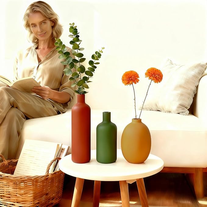 Modern Ceramic Vase Set – 4 Piece Rustic Decorative Vases for Boho Living Room Centerpieces, Entryway Decorations, Coffee Table, Bookshelf, Fireplace Mantel