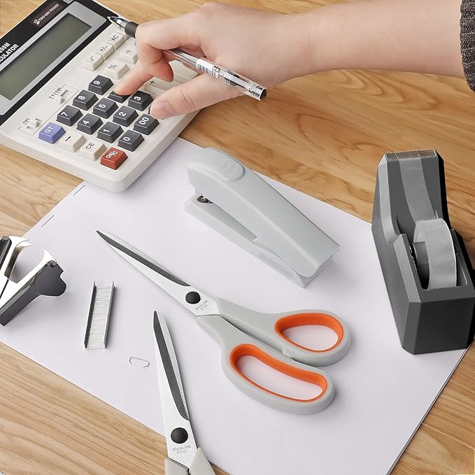 Asdirne Office Supplies Kit, Desk Accessory Set, Including 2 Scissors, 1 Stapler,1000 Pieces 26/6 Staples, 1 Staple Remover, 1 Tape Dispenser and 1 Tape, Perfect Office Partners