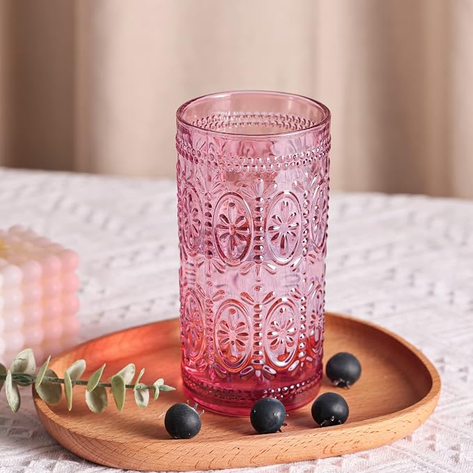 Darlion 6 Pack Pink Glassware Drinking, 12oz Highball Embossed Beverage Glass Cup, Vintage Drinking Glasses, Colored Water Glasses for Party Wedding Home Office and Gift