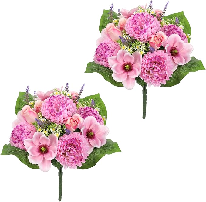 Hollyone Set of 2 Artificial Cemetery Flower for Graves Cemetery Memorial Flowers for Outdoor Grave Decorations Silk Flower Arrangements Pink Chrysanthemum Rose Floral Flowers Bouquets