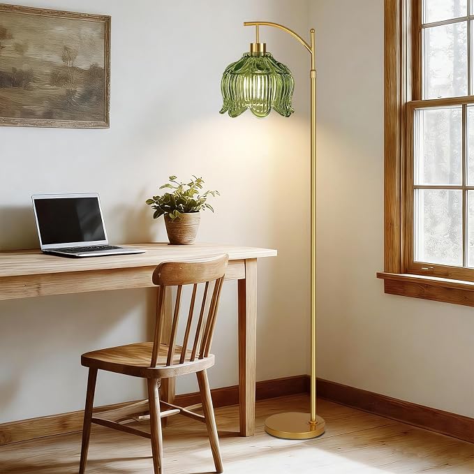 ILLMTW Glass Floor Lamp for Living Room,Bedroom,Gold Mid Century Modern Standing Lamp with Remote,Dimmable Brass Tall Lamp Vintage Tulip Green Arc Flower Floor Light Boho Bohemian