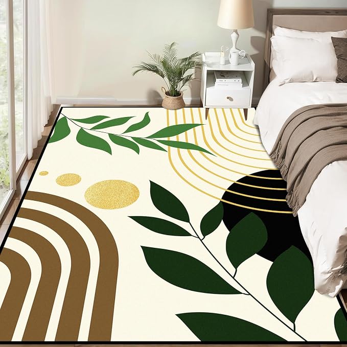 Modern Abstract Rug Geometric Area Rug Boho Green Leaf Floor Mat Soft Washable Carpet for Bedroom Living Room Kitchen Nursery Playroom Home Decor 6'x9'