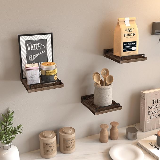 RYOFOBETTO Small Floating Shelf, 6X6 Inches Farmhouse Wall Shelves for Living Room, Bedroom, Picture Frames, Plants, Kitchen, Set of 3 (Brown)