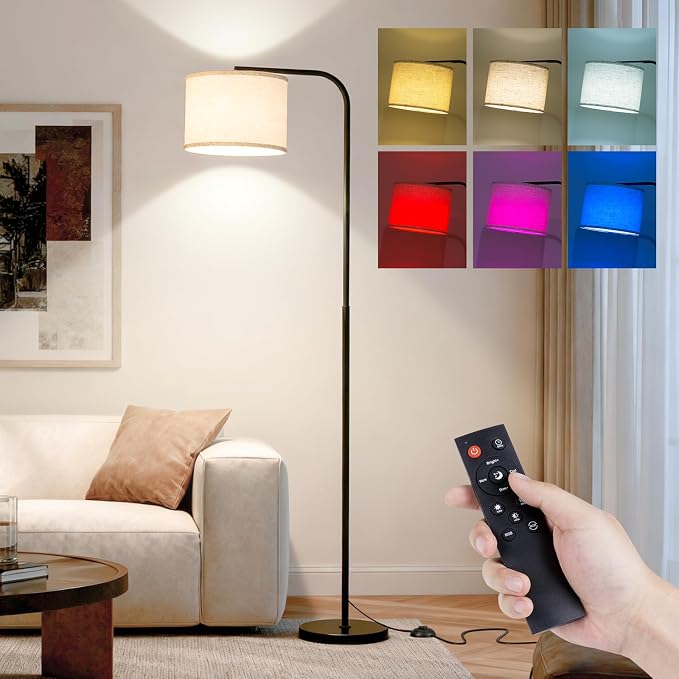 Remote Floor Lamp for Living Room and Bedroom - Modern RGB Standing Lamps Tall with Led Blub and Dimmable Light - Black Arc Room Lights with Shade for Home Decor Office Corner and Reading ( Black+RGB)