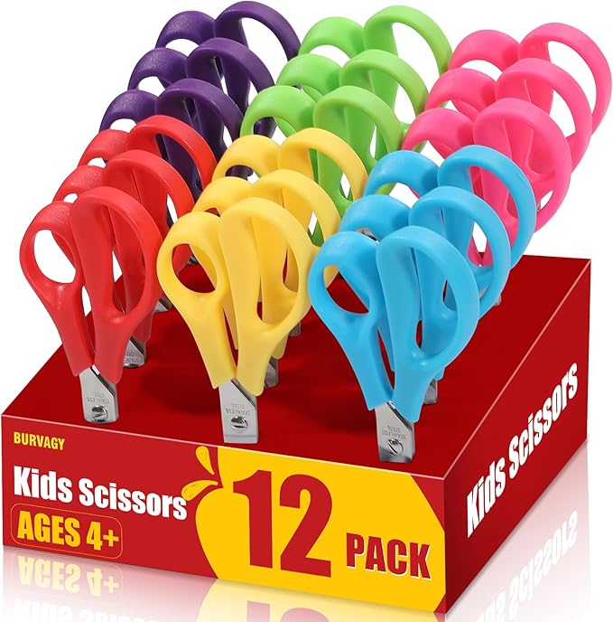 BURVAGY 12Pack 5.5" Safety Small School Kids Student Round Blunt Tip Craft Scissors Bulk, Stainless Steel Blades Comfort Grip Scissors for Kid Children Kindergarten Cutting Paper