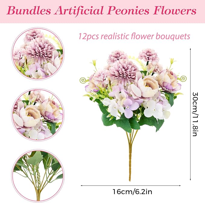 Olgaa 12 Bundles Peonies Artificial Flowers Silk Flowers Fake Peony Bouquet Faux Peonies Flowers Bulk for Wedding Decor Centerpiece Table Decorations (Light Purple)