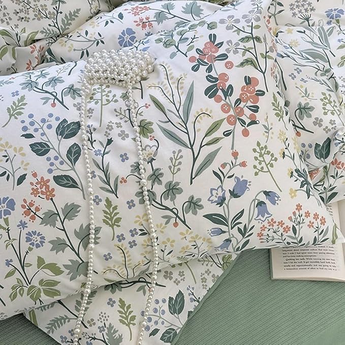 EAVD Vintage Style Garden Floral Duvet Cover Twin Girls Soft Cotton Chic Shabby Colorful Leaves Floral Bedding Set with 2 Pillowcases Fresh Botanical Duvet Cover with Zipper Closure