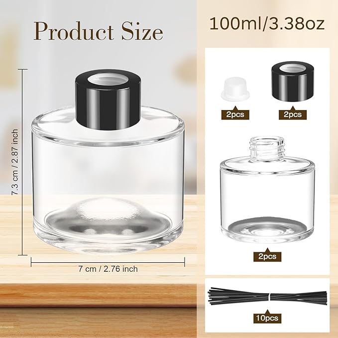 Chunful 2 Sets Reed Diffuser Bottle Empty Refillable Fragrance Glass Diffuser Bottles 100ml Round Glass Jars with Black Caps and Rattan Sticks for Living Room Home Replacement Fragrance DIY Decor