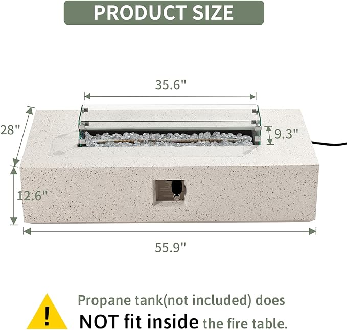 COSIEST Outdoor Propane Fire Pit Table, 56" x 28" Rectangle Terrazzo White Concrete-Like Finish, Certified, 50,000 BTU Stainless Steel Burner w Transparent Gray Fire Glass, Wind Guard, Raincover