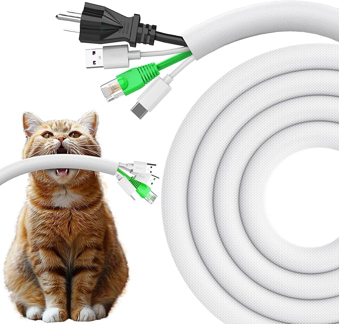 UOMTFAI Dog and Cat Cord Protector 25ft - 1/2inch, Flexible Cable Sleeve for Easy Cord Management, Protects Cables from Pets Chewing, Ideal for USB, Power, Audio and Video Cords - White