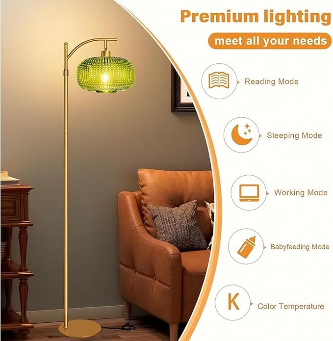 Glass Floor Lamp for Living Room, Modern Standing Lamp for Bedroom, Dimmable Tall Lamp with Shade, Remote,12W LED Bulb Included (Gold+Green)