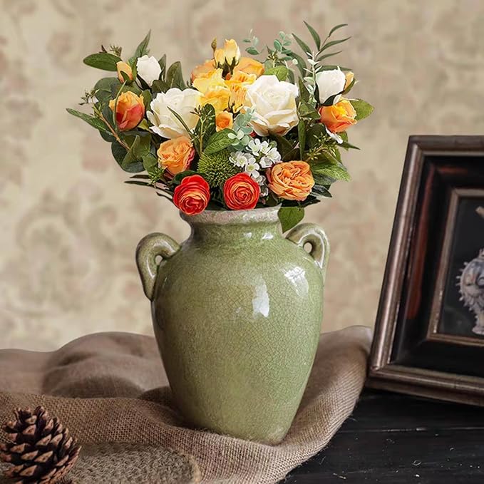 8 Inch Vintage Ceramic Vase, Rustic Chinoiserie Flower Vase Farmhouse Decorative Vases for Home Decor, Ice Cracked Glazed Terracotta Vases for Table Centerpiece Living Room Shelf Decor