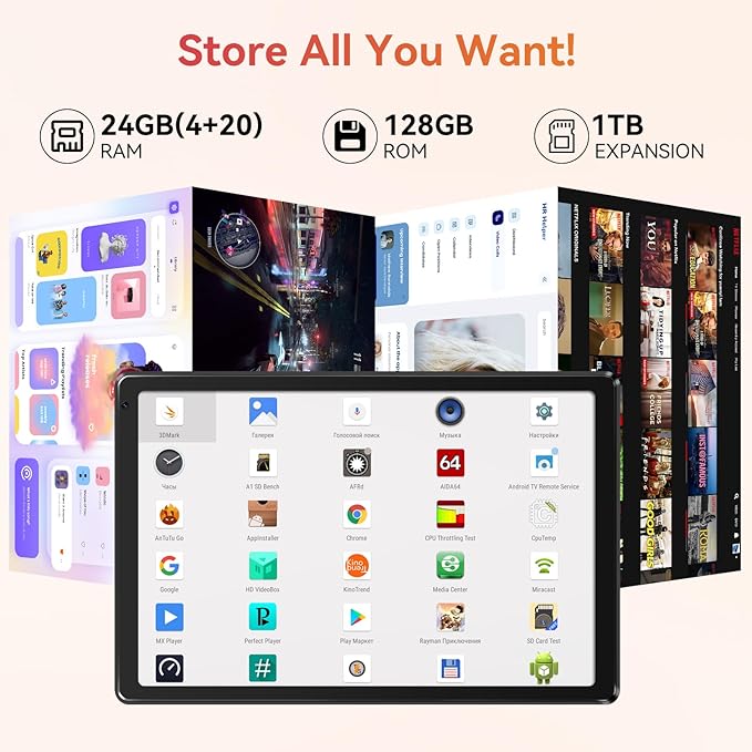 URAO Tablet,10.1" Android 15 Tablet with Octa-core Processor 24GB RAM 128GB ROM HD IPS Touchscreen 8H Battery, Wi-Fi 6, BT 5.0, Dual Camera, Android Tablets