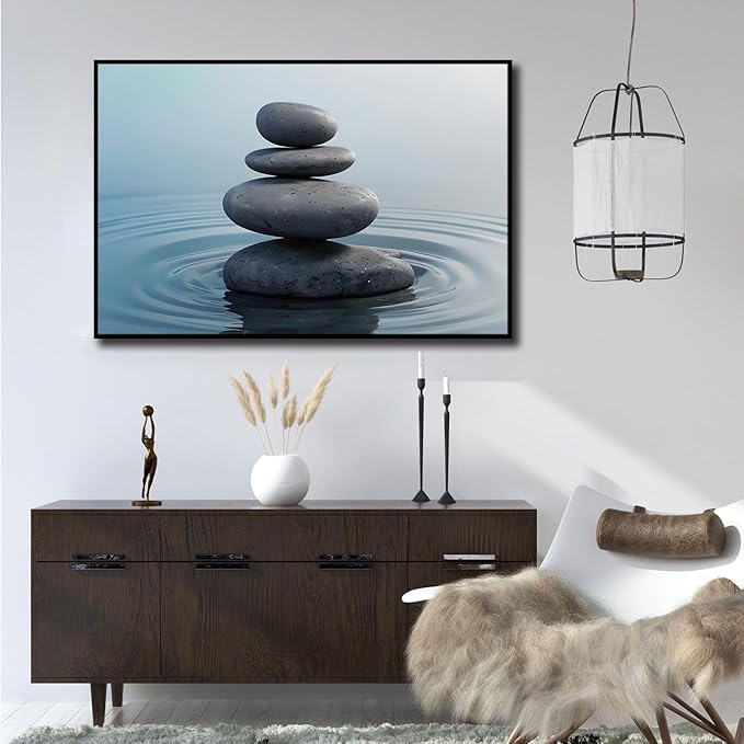 Zen wall art Harmonious grey stones stacked on a calm surface of water Serene Zen decor suitable for tranquil homes and spaces of meditation 16x24in Metal blackFramed