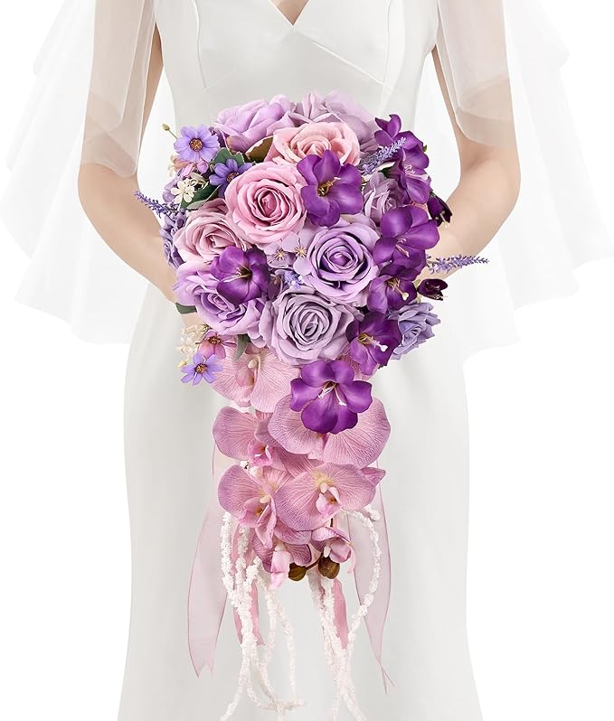 Serwalin 11 Inch Wedding Bouquets for Bride Bridesmaid, Purple Bridal Bouquets for Bride, Artificial Bouquets of Flowers for Wedding Ceremony Bridal Shower and Anniversary Day Decor