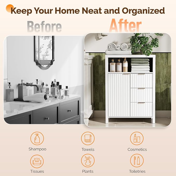 VINGLI Bathroom Floor Storage Cabinet with 3 Drawers, Modern 32" Freestanding Short Storage Organizer with Fluted Door & Adjustable Shelf, 12 Inch Deep White Wooden Console for Small Space