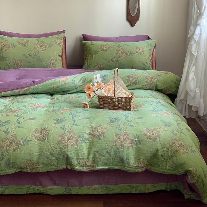 VM VOUGEMARKET Green Flower Duvet Cover Set Twin,3Pcs Yarn-Dyed Linen Cotton Jacquard Duvet Cover with 2 Pillowcases Garden Style Green Purple Bedding Set for Girls Women Without Comforter