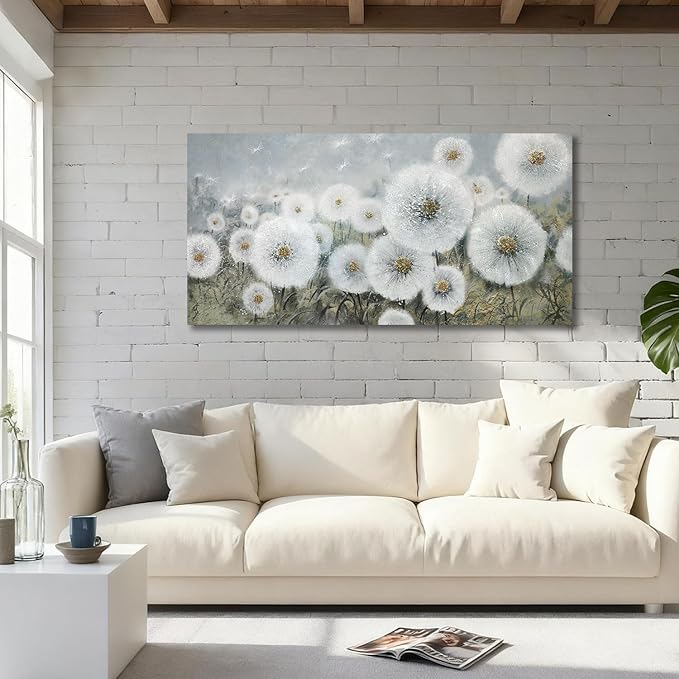 Ardemy Flower Wall Art Canvas Dandelion Painting White Floral Picture, Textured Large Framed for Living Room Bedroom Kitchen Dining Room Home Office Decor 48"x24"
