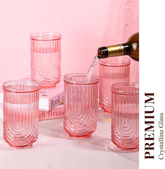 Pink Vintage Drinking Glasses Set of 6-17oz Hand-Blown Highball Ribbed Glassware, Arch Design Cocktail Glasses for Whiskey Water Beverages Ice Coffee Juice Milk