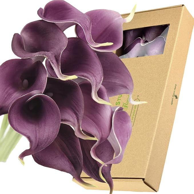 FiveSeasonStuff Real Touch Calla Lily Artificial Flowers Wedding Bridal Bouquet | Floral Arrangements | 15 Calla Lilies (Plum Purple)