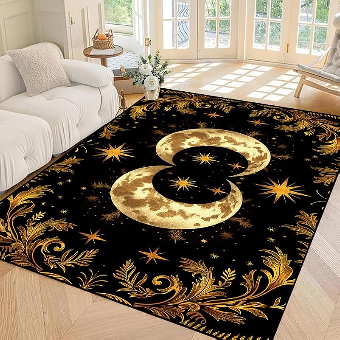 Sun Moon Star Area Rug 4'x6' Golden Boho Carpet Non-Slip Washable Low Pile Floor Mat for Bedroom Living Room Nursery Playroom Classroom Home Decor