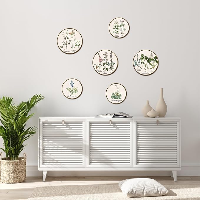 TOARTi 6pcs Boho Plant Wall Art Set(9.9”x3/7.9”x3), Minimalist Green Botanical Round Wooden Sign Vintage Plant Herbs Wall Decor Farmhouse Natural Botanical Wall Hanging for Living Room Bedroom