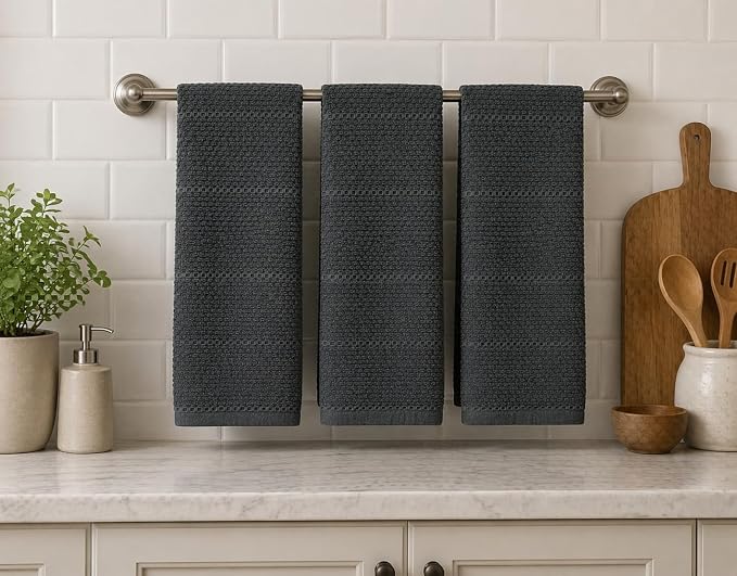 Serafina Home Dark Grey Gray Kitchen Hand Dish Towels: Oversized 28" x 18",100% Cotton Cloth Soft Cleaning Drying Absorbent Textured Design, Set of 3 Multipurpose for Everyday Use (Dark Grey)
