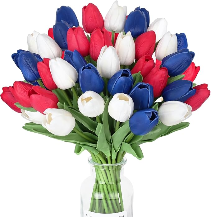 20pcs Artificial Tulips Patriotic Flowers for 4th of July Decor Fake Tulip Independence Day Slik Tulips Memorial Day Table Centerpiece Decor(Red White and Blue Flowers)